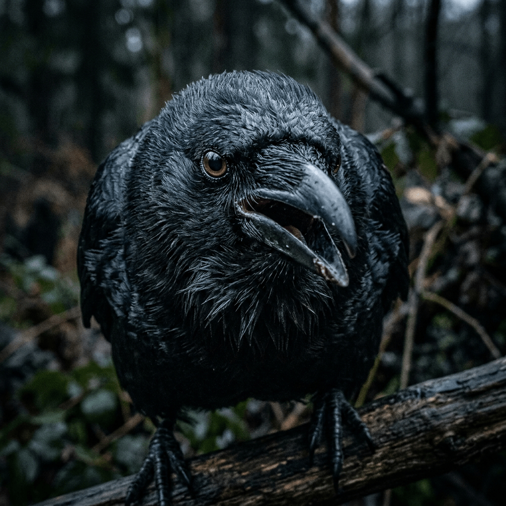 Raven perched on branch with open beak in dark forest